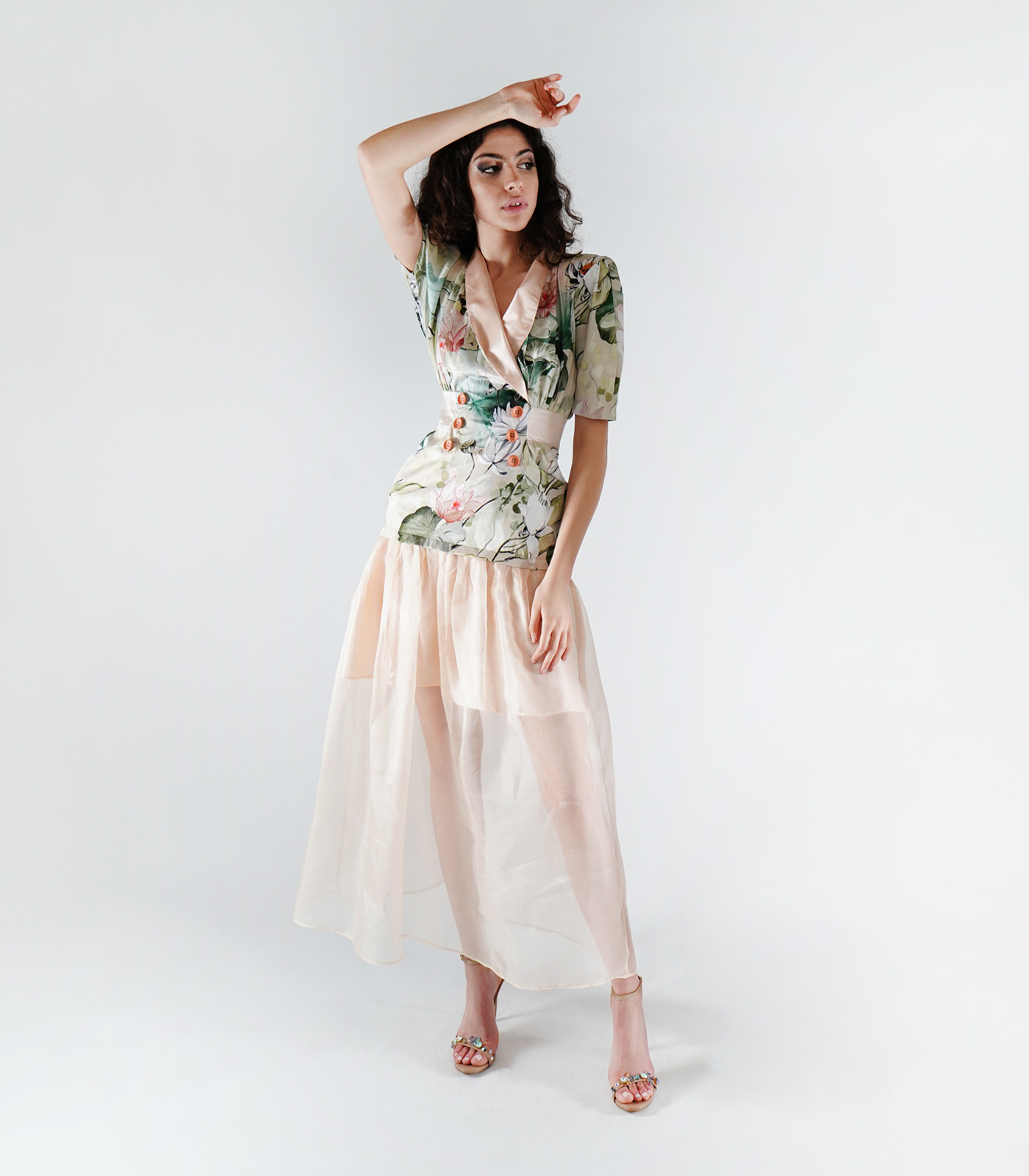 Dual-Fabric Long Silk Dres With Buttons - Image 2