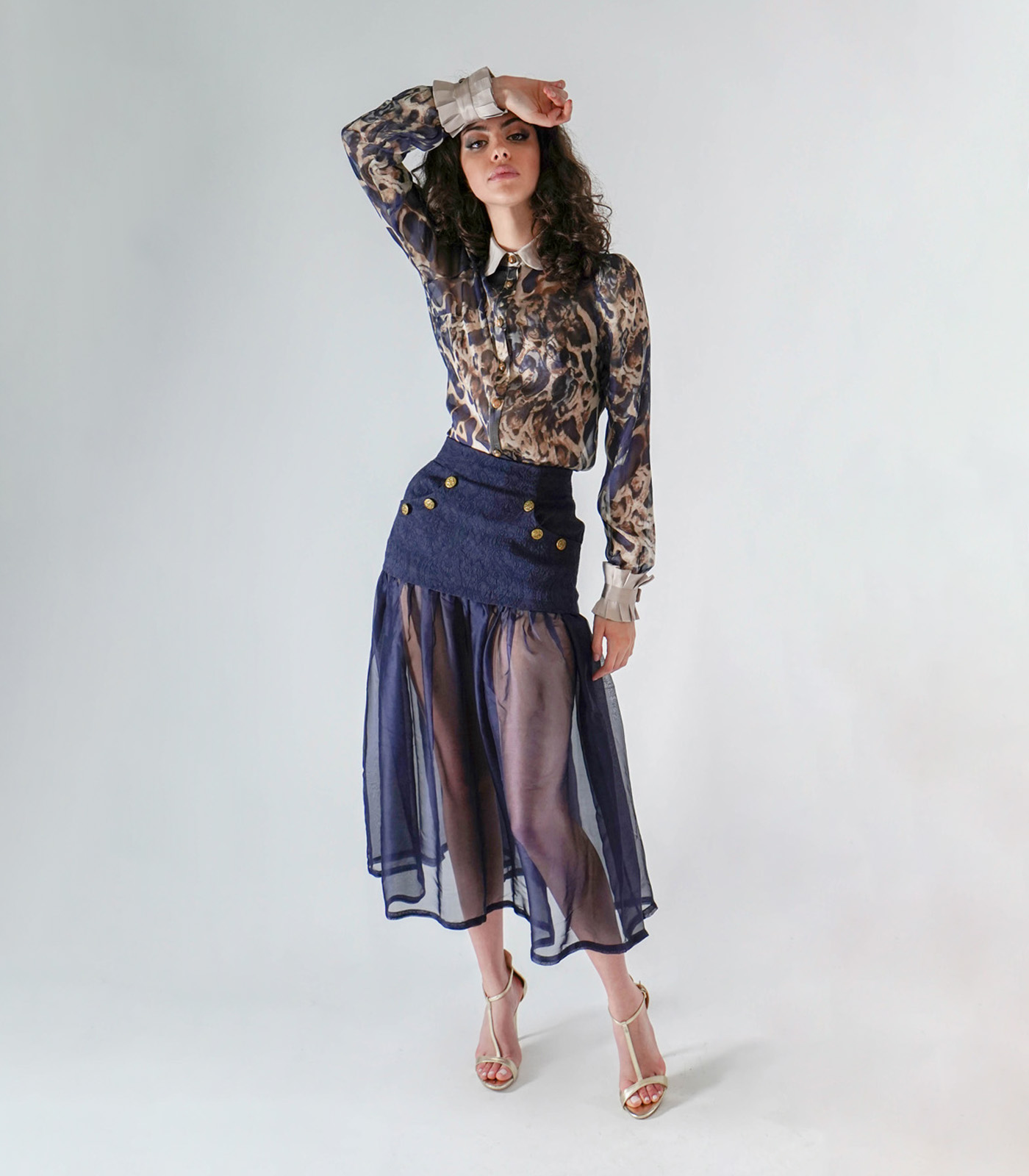High-Waisted Dual-Fabric Long Skirt With Buttons - Image 2