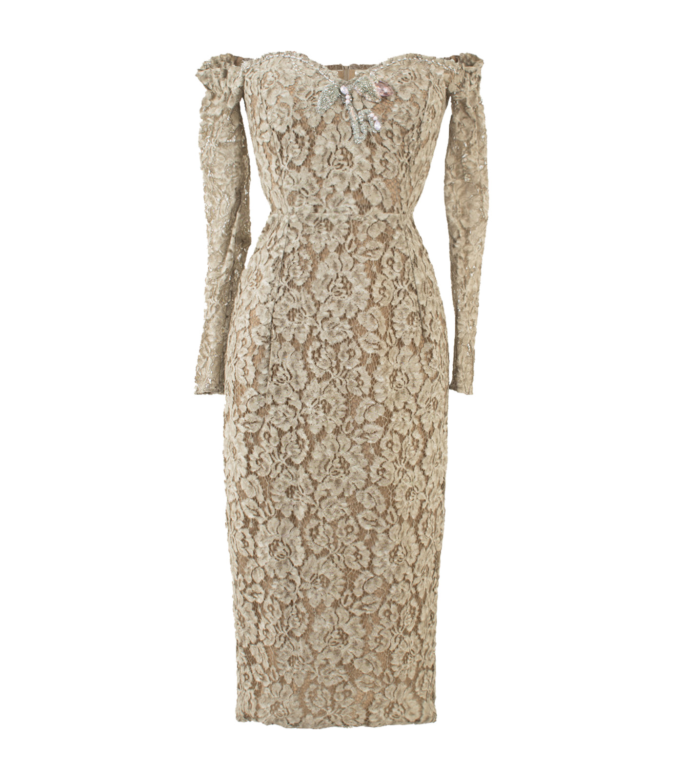 Off-Shoulder Lace Bustier Dress With Embroidery And Embellishments Of Crystals - Image 6