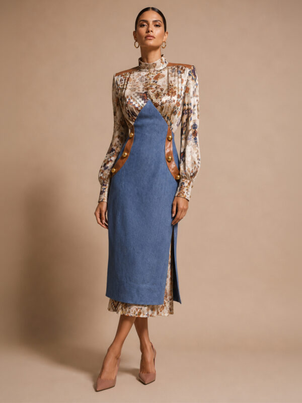 Dual-Fabric Midi Dress With Leather Trim