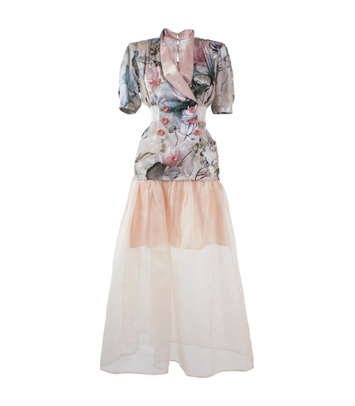 Dual-Fabric Long Silk Dres With Buttons