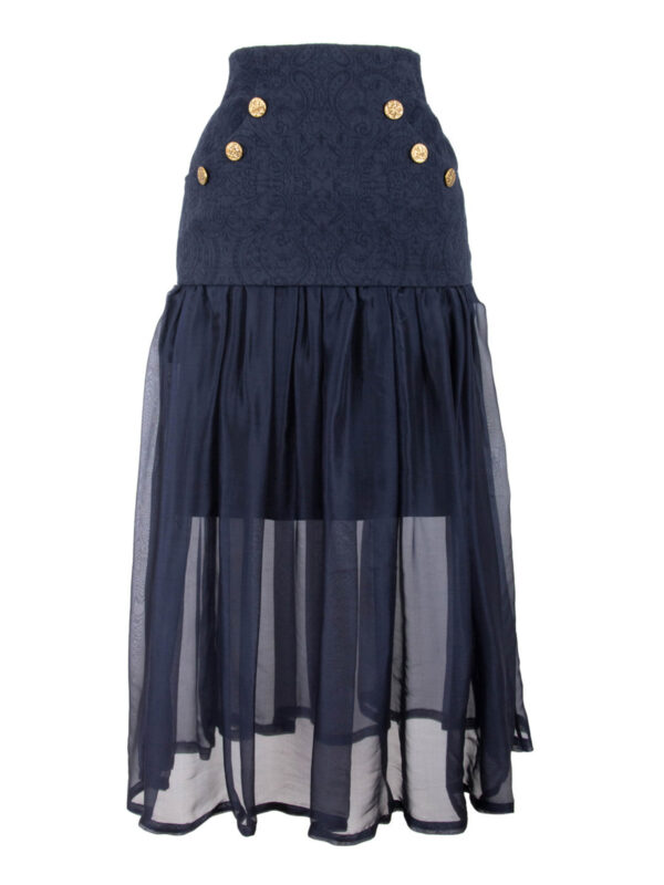 High-Waisted Dual-Fabric Long Skirt With Buttons
