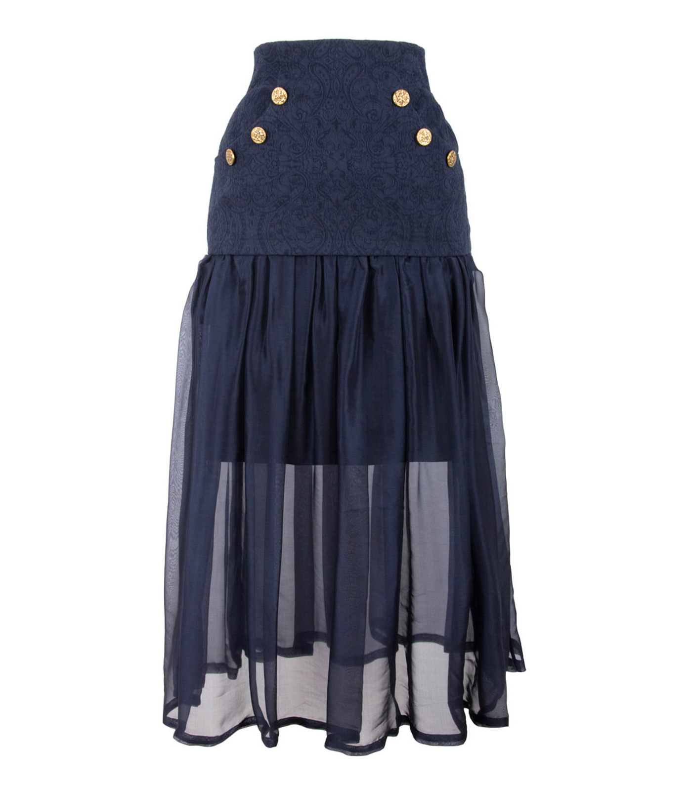 High-Waisted Dual-Fabric Long Skirt With Buttons