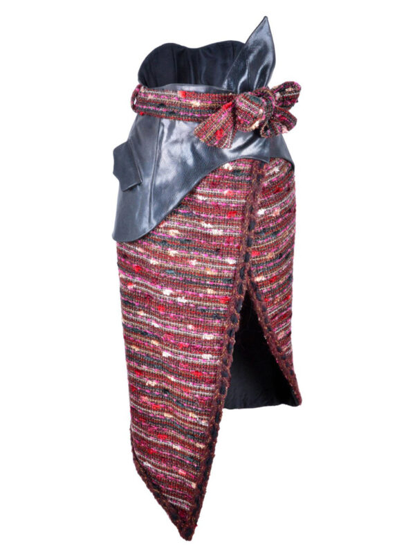 High-Waisted Bouclé Tweed Leather Asymmetrical Skirt