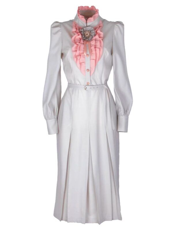 Ruffled Wool Midi Dress With Brooch
