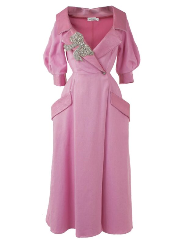 Dual-Fabric Wrap Dress With Embroidery And Embellishments Of Crystals