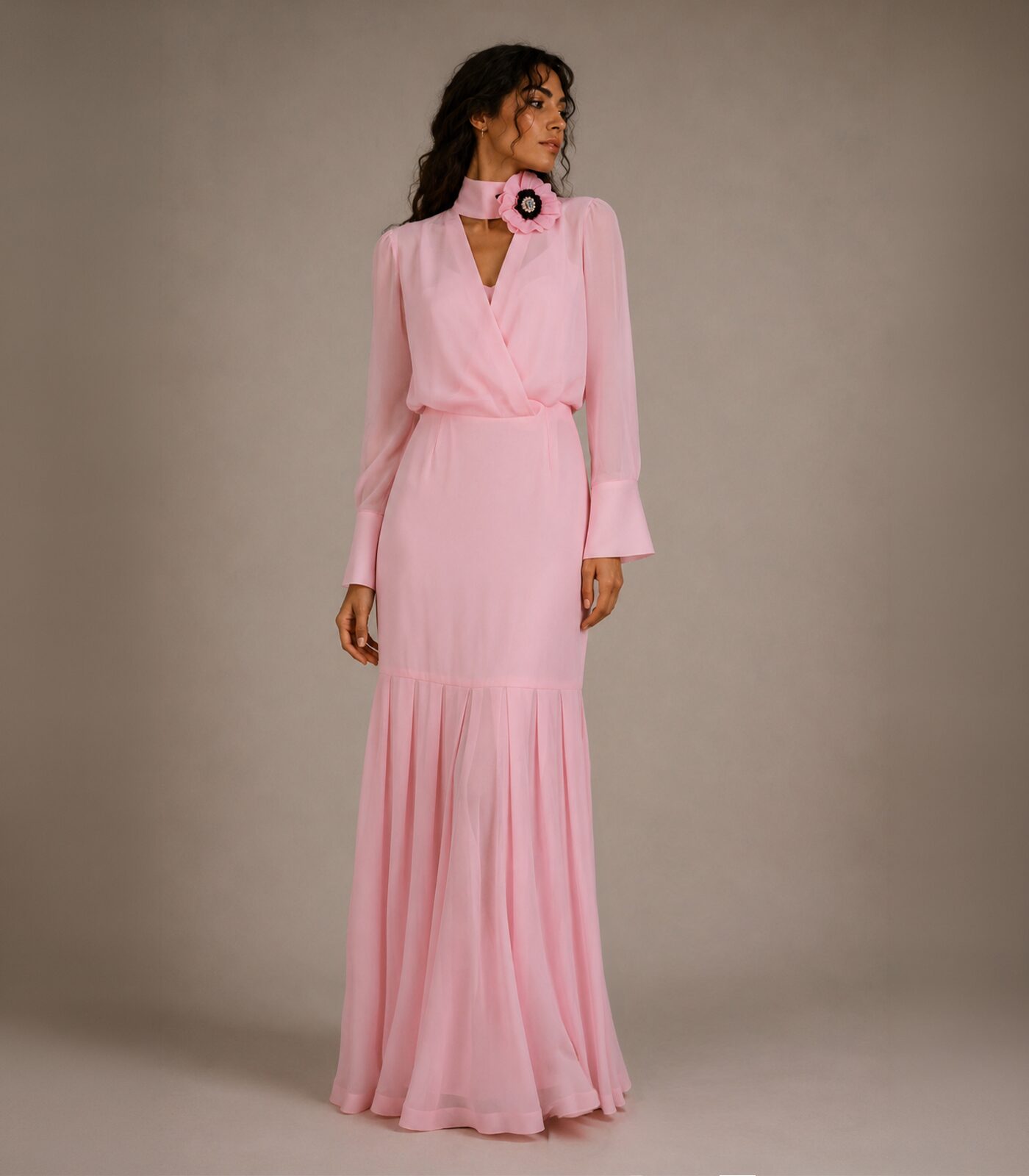Long Silk Dress With Flower Decoration - Image 2