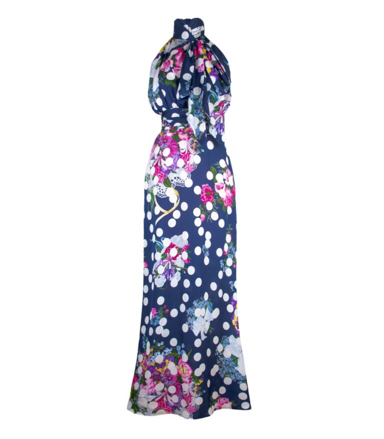 Long Halterneck Gown With Oversized Bow – Floral Polka Dot Print - Image 2