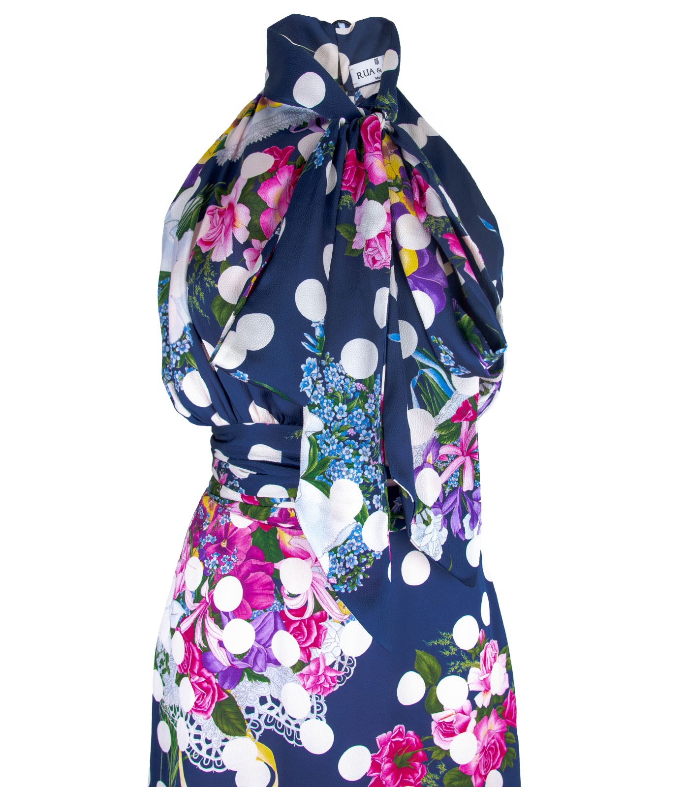 Long Halterneck Gown With Oversized Bow – Floral Polka Dot Print - Image 3