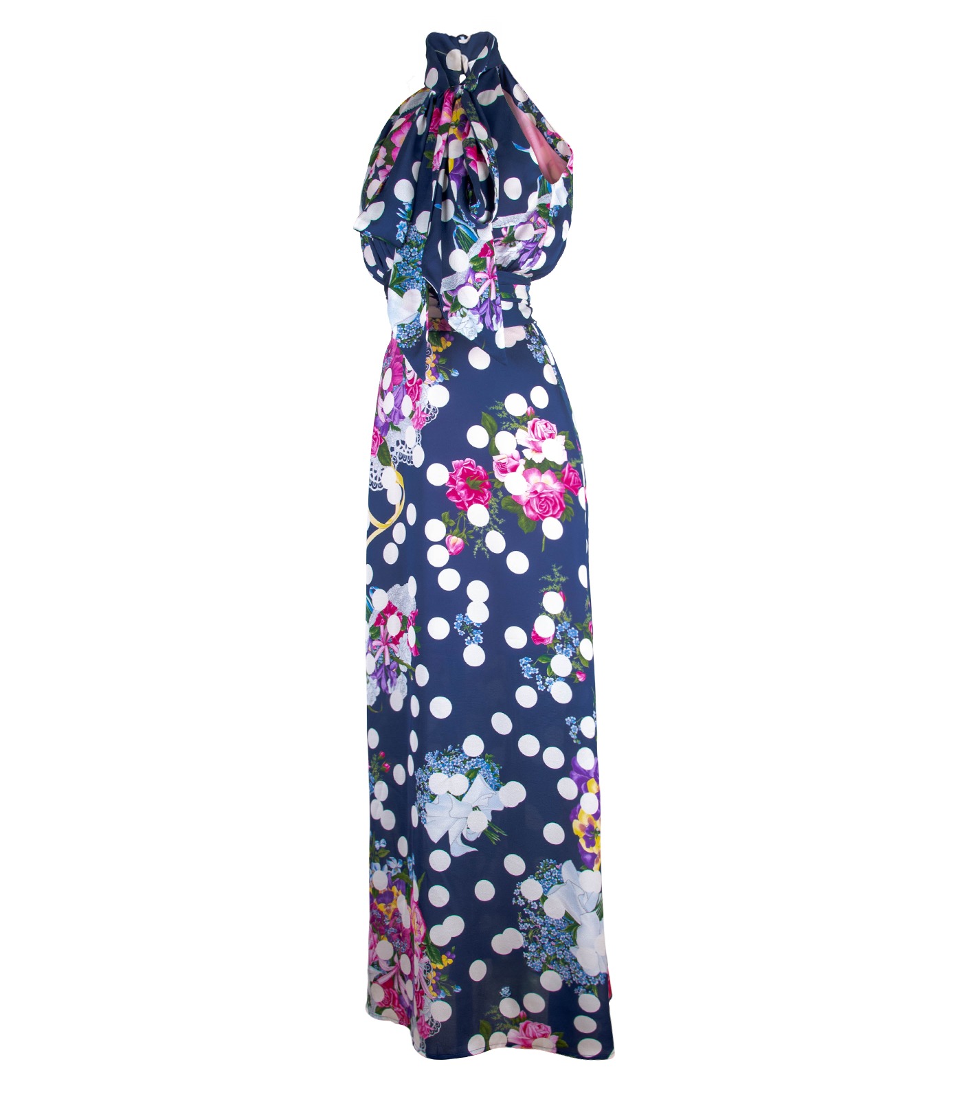 Long Halterneck Gown With Oversized Bow – Floral Polka Dot Print - Image 4