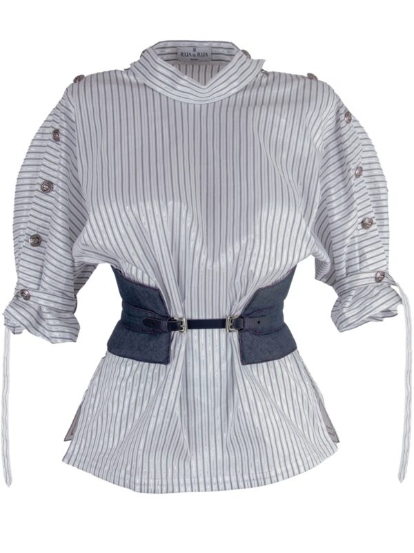 Striped High-Neck Cotton Blouse