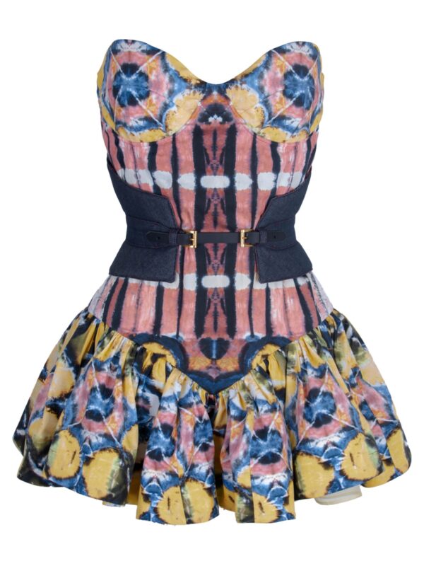 Mini Cotton Corset Dress With Draped Skirt And Denim Corset Belt