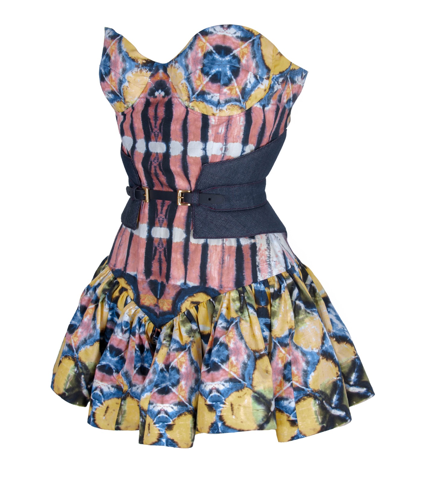 Mini Cotton Corset Dress With Draped Skirt And Denim Corset Belt - Image 3
