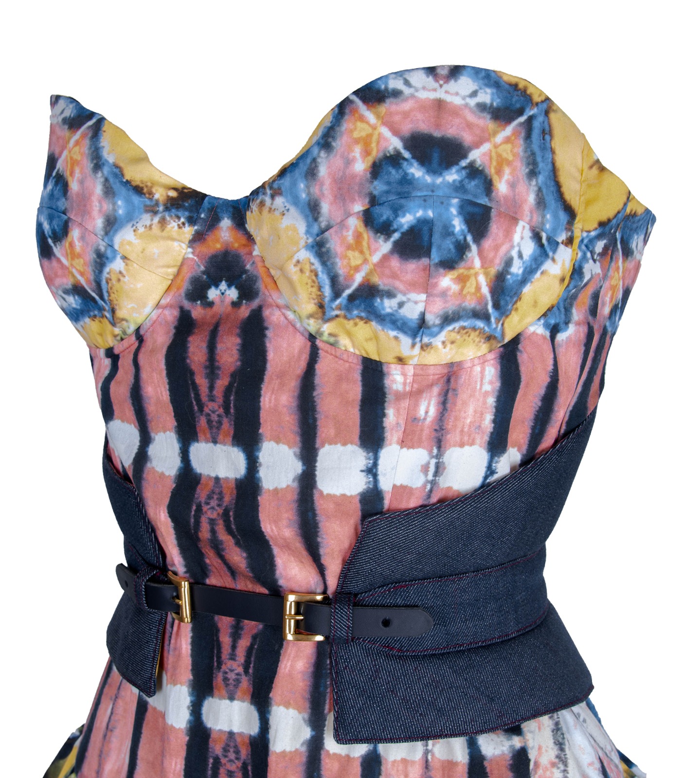 Mini Cotton Corset Dress With Draped Skirt And Denim Corset Belt - Image 2