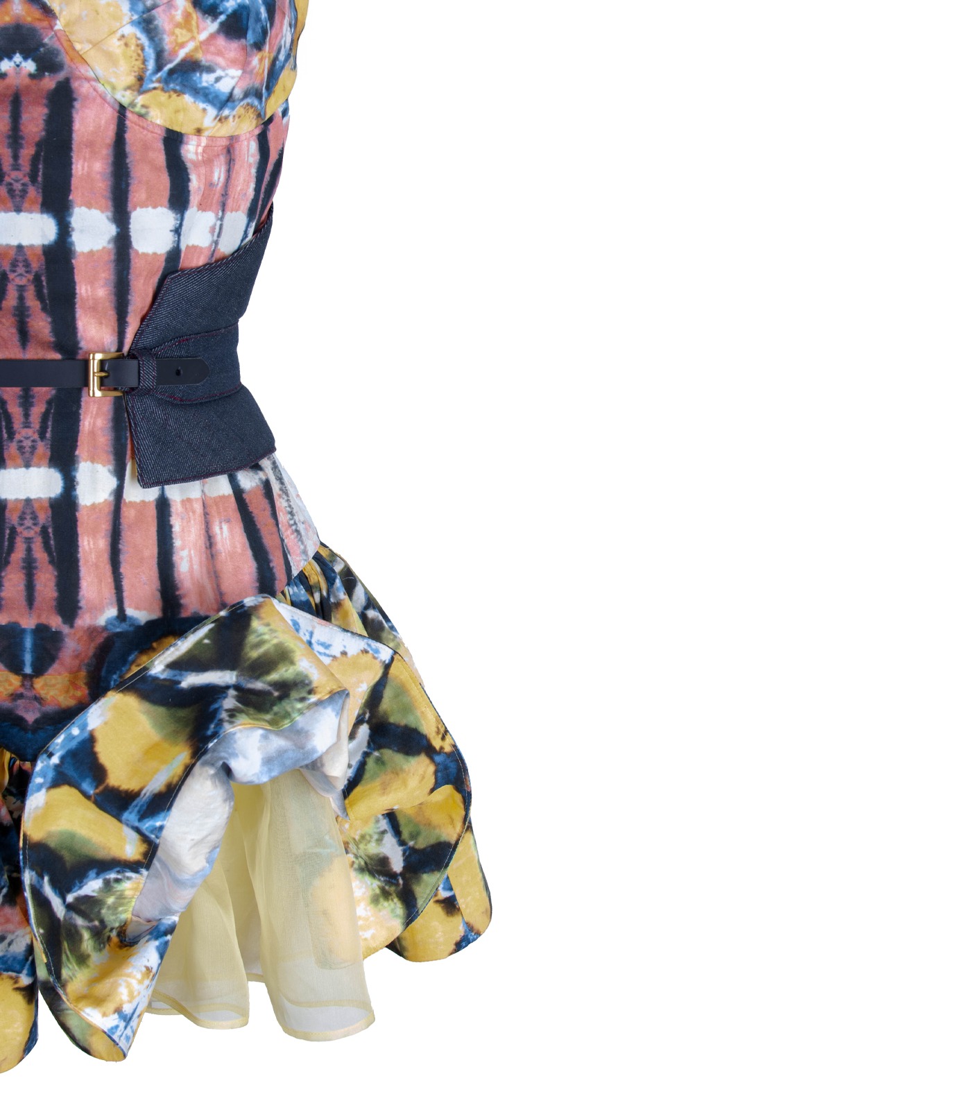 Mini Cotton Corset Dress With Draped Skirt And Denim Corset Belt - Image 5