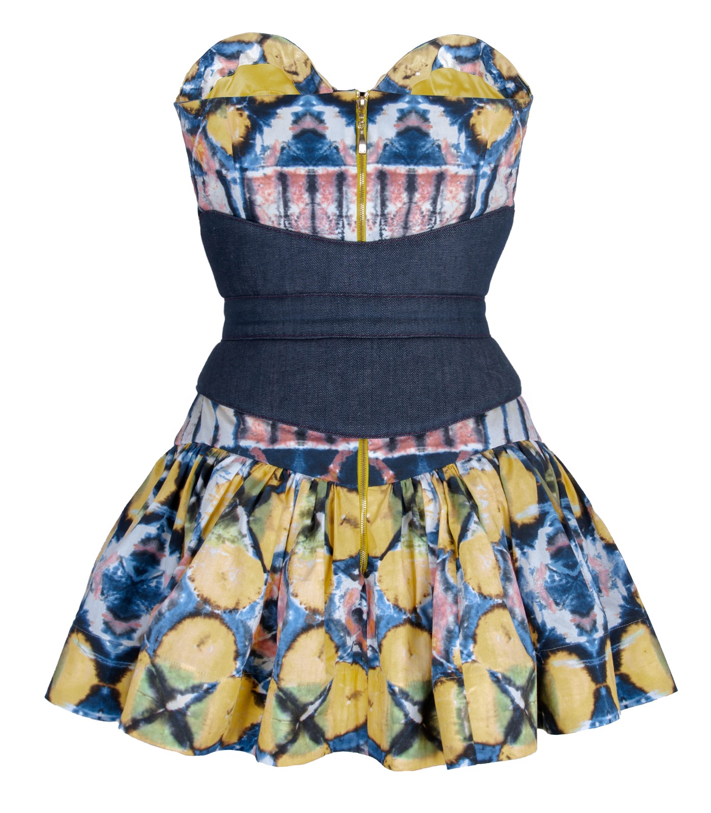 Mini Cotton Corset Dress With Draped Skirt And Denim Corset Belt - Image 9