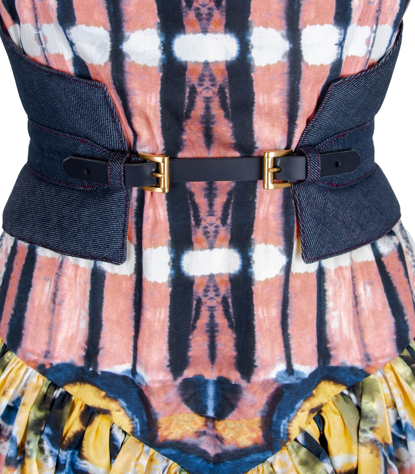 Mini Cotton Corset Dress With Draped Skirt And Denim Corset Belt - Image 4
